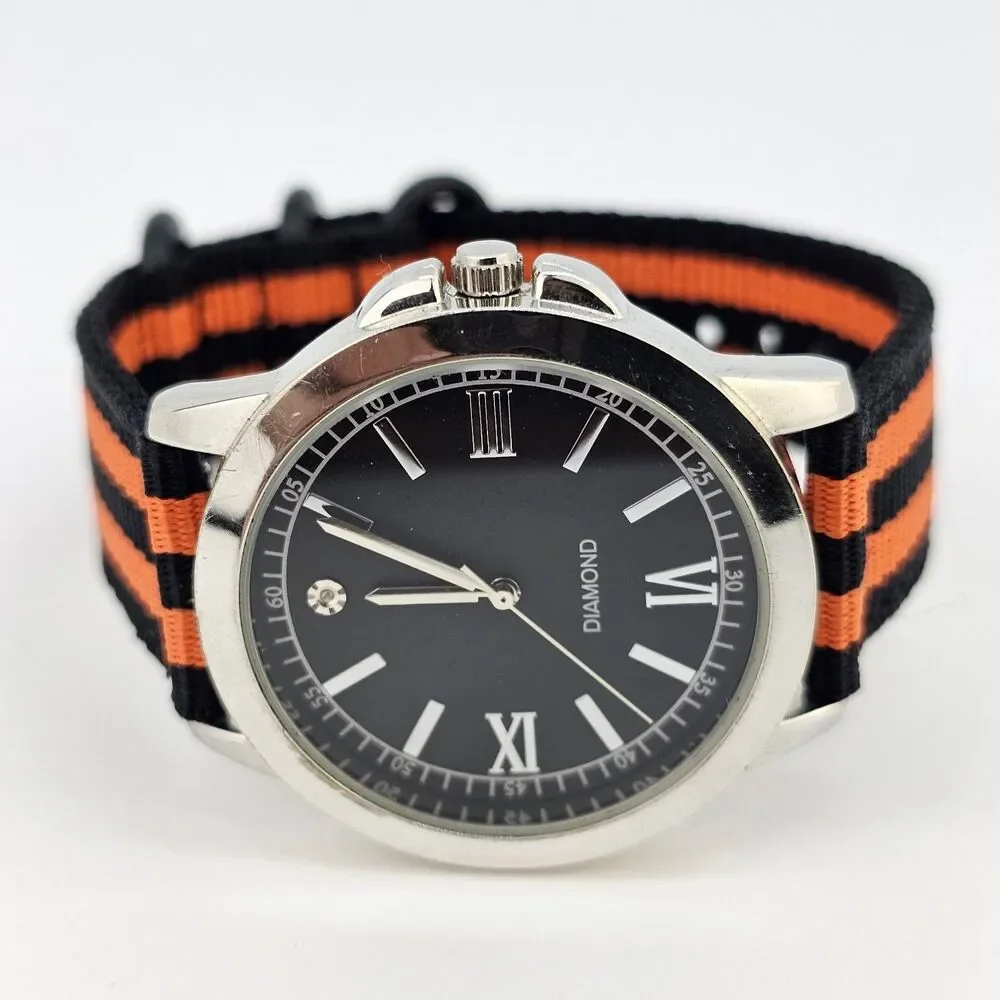 Men's Diamond Watch 40MM Black Dial New Black‎ Orange Canvas Bands New Battery